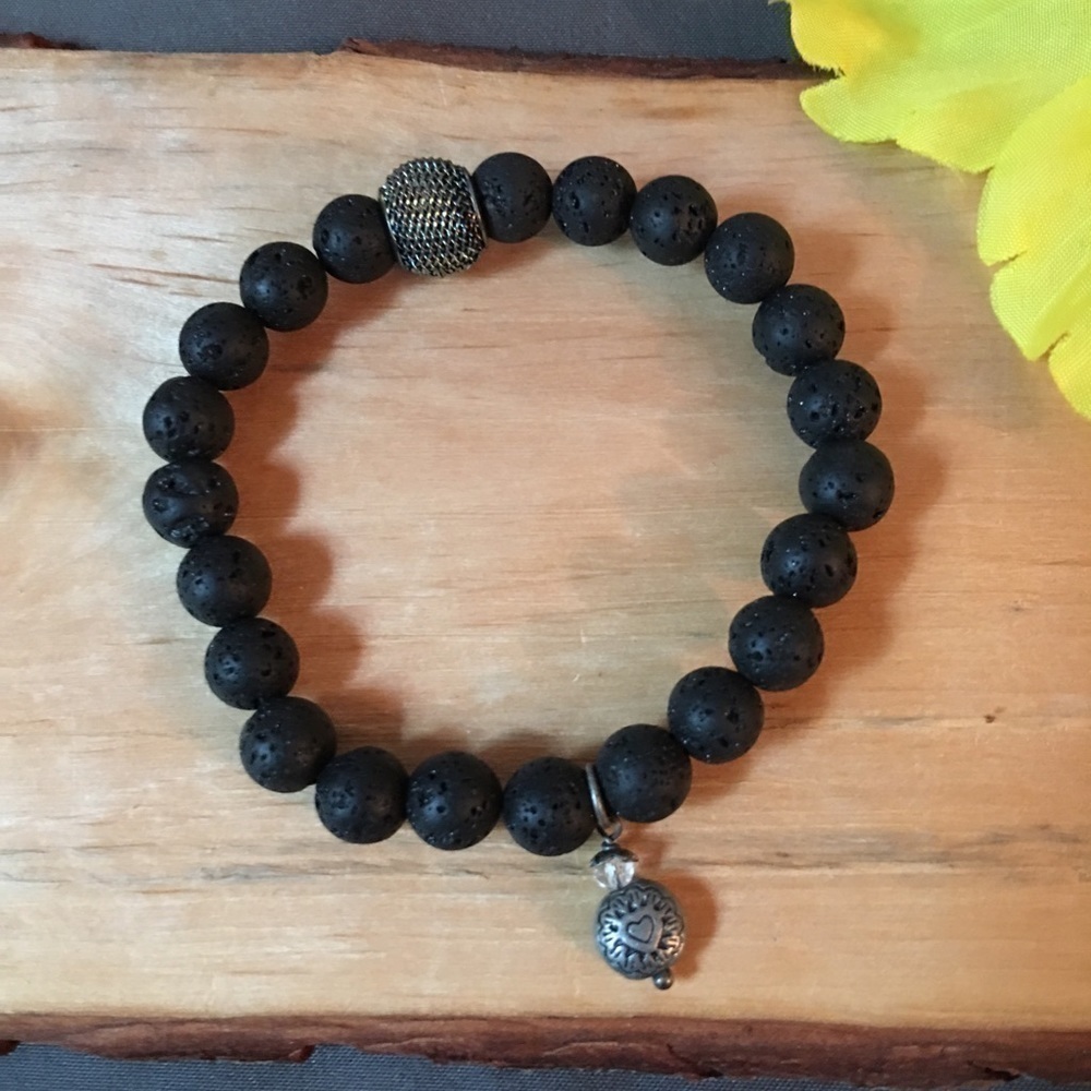 Black Lava stone bracelet with metal accents